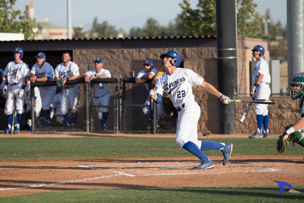Trevante Hammonds/The Runner Chance Gusbeth hits a far ball down the middle of the field on Friday, May 13 at Hardt field