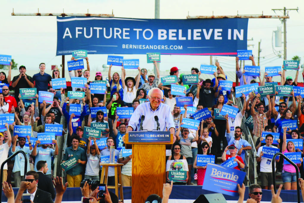 Javier Valdes/The Runner Democratic presidential candidate Bernie Sanders speaks at the Bakersfield Rally at the Kern County Fairgrounds on Saturday, May 28.