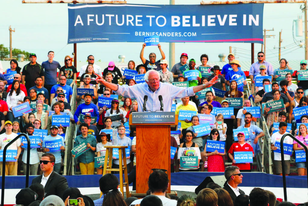 Javier Valdes/The Runner Democratic presidential candidate Bernie Sanders speaks about his visions as future president during his rally on Saturday, May 28.
