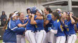 CSUB softball team celebrates its Western Athletic Conference Tournament win on May 14. Photo courtesy of Joe Whiteside/Western Athletic Conference