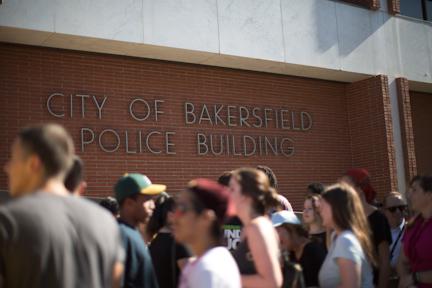 The protest concluded with a stop in front of the Bakersfield Police Department building where various speeches were given on Saturday, July 9. Photo by AJ Alvarado/The Runner 