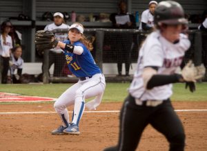 CSUB's Amber Mills attempts to throw out a New Mexico State player at last year's Western Athletic Conference Softball Tournament. Photo by Joe Whiteside/Western Athletic Conference