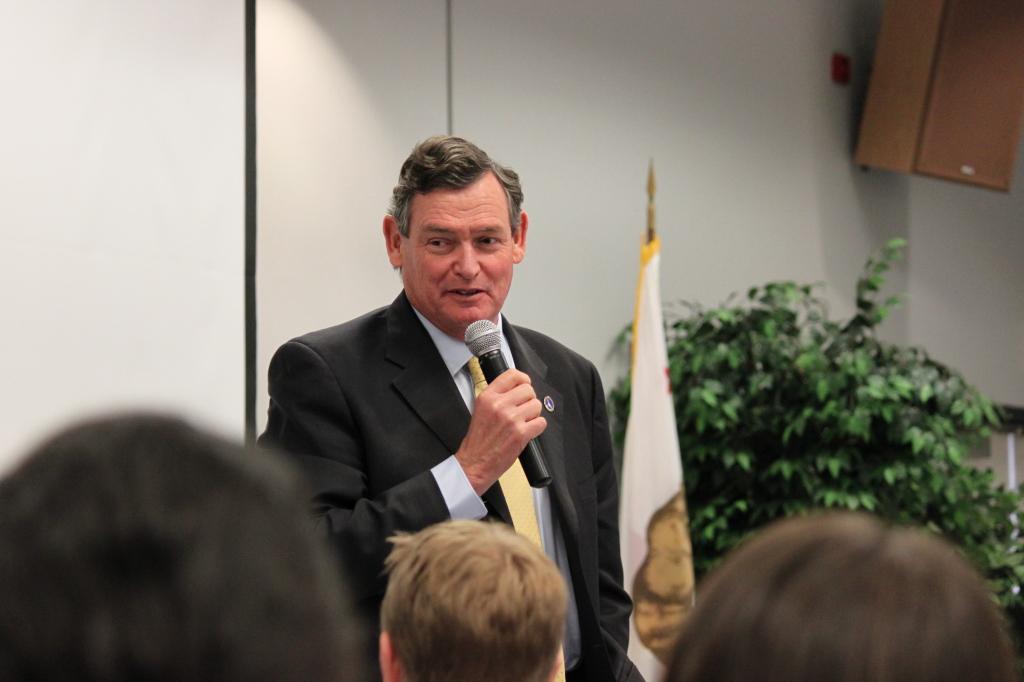 Chancellor Timothy P. White speaks to students in the Student Union Multipurpose Room on Monday. (Katy McCoy/ The Runner) 