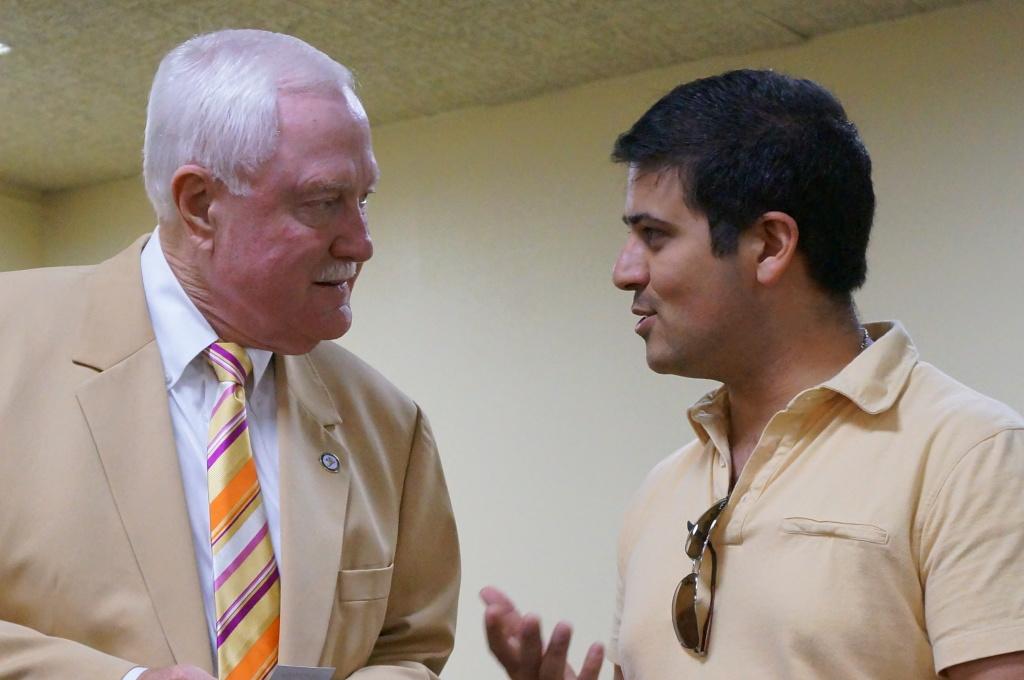 Mayor Harvey Hall chats with a CSUB student about clubs on campus during the Brown Bag Luncheon on May 15. (Ryan Barrera/The Runner).