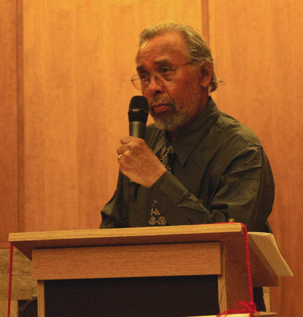 Juana Martinez/The Runner
Author, Painter, and Professor Clarence Major, listens to a question address to him from the audience at the Dezember Reading Room 110 in the library at CSUB.
