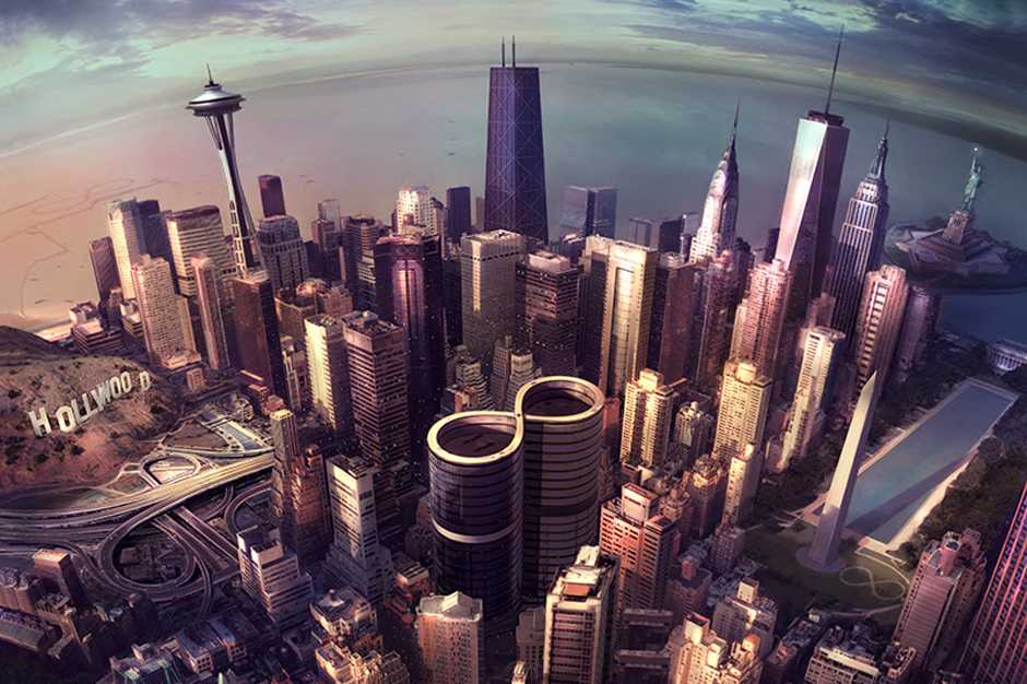 The beautiful album art for Sonic Highways features a unified city scene with all eight recording cities represented.