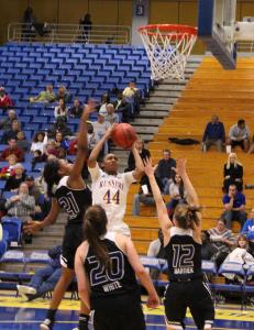 Redshirt-senior guard Tyonna Outland, scores the 1,798th and 1,799th points of her CSUB career, breaking the all-time scoring record, Thursday Jan. 22 at the Icardo Center.