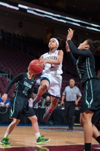 CSUB junior guard Alyssa Shannon goes up for a layup against Chicago State University's junior forward Layne Murphy at the Orleans Arena on March 11. Photo courtesy of Mark Nessia.