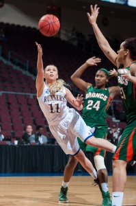 CSUB senior guard Brooklynn Hinkens shoots a layup against the University of Texas-Pan American at the Orleans Arena on March 13. Photo courtesy of Mark Nessia.