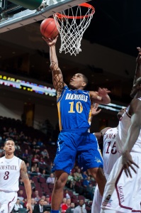 CSUB junior forward Kevin Mays shoots a layup against the New Mexico State University defense at the Orleans Arena on March 13. Photo courtesy of Mark Nessia