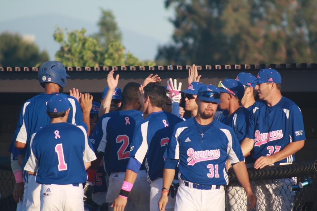 CSUB Roadrunners congratulating Mylz Jones on his Homerun at Hardt Field on Friday, May 1 