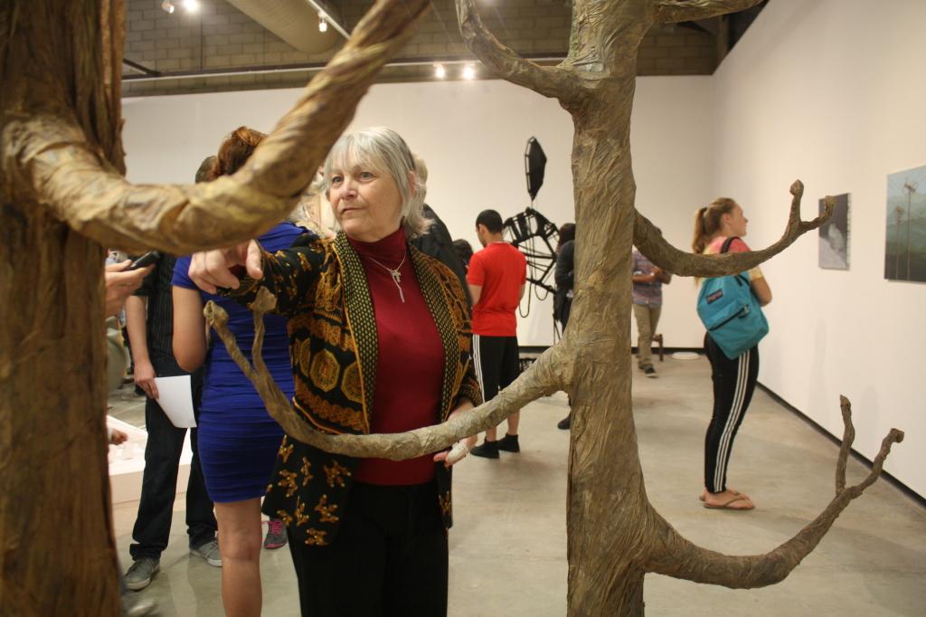 Katherine Cutts explaining the work behind "The Tale of Two Trees"  during the opening of Nexus senior art exhibition on Thursday, May 14 at Todd Madigan Gallery 