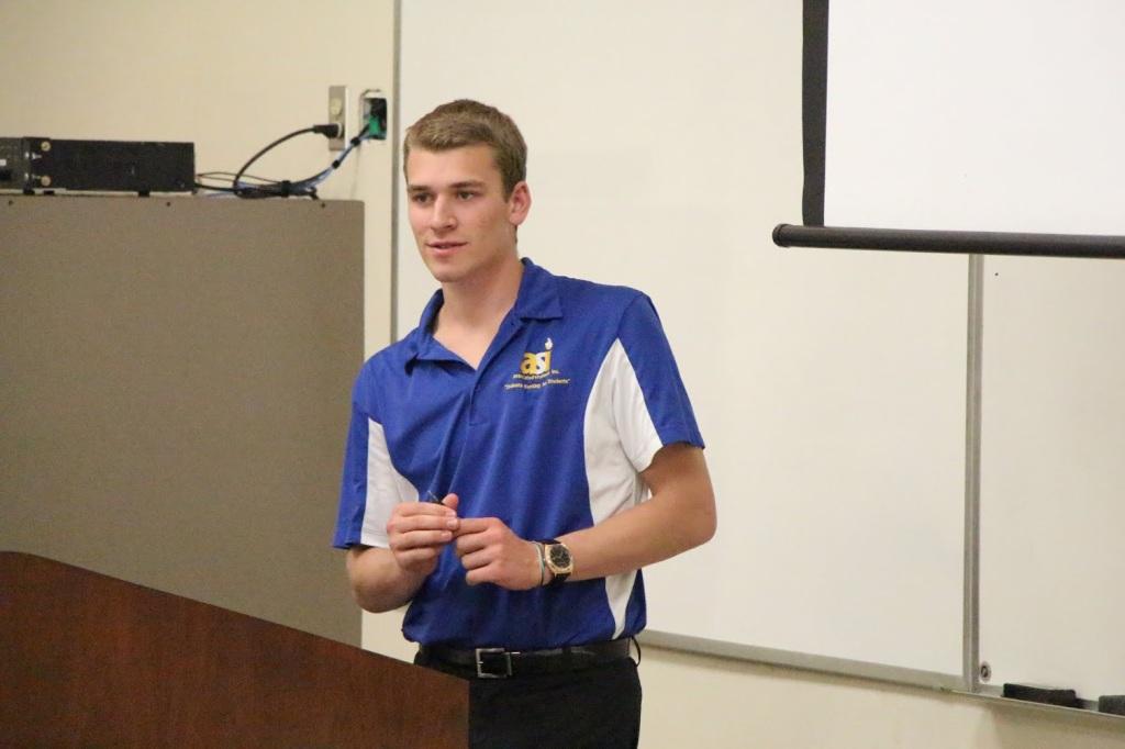 ASI President Derek Stotler begins discussion on the University Garden at the ASI meeting on May 15.
Photo by Kabria Dodley/The Runner
