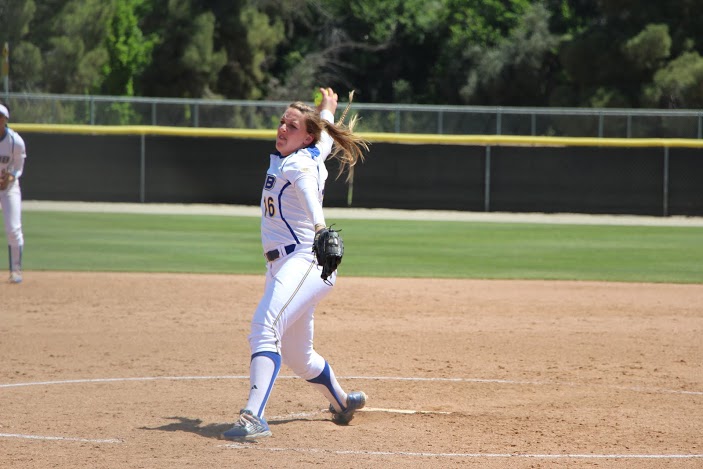 Senior starting pitcher Kelsie Monroe winds up to pitch the ball against New Mexico State at Hardt Field on April 17.
Photo by Kabria Dodley/The Runner