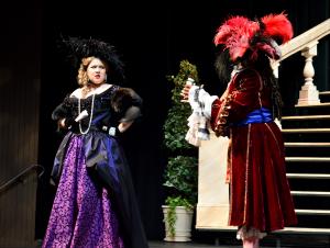Petra Carter (Mme. Argante) and Michael Allen (Marquis de Fauxpas) rehearse a scene in the final dress rehearsal at the Doré Theatre on May 20.