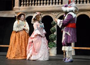 Ariel Clark (Mme. Préférée), Kara McDonald (Angélique), and Anthony Jauregui (Dorante) rehearse a scene in the final dress rehearsal at the Doré Theatre on May 20.