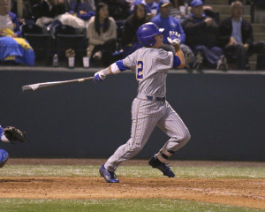 Junior Chance Gusbeth hits a home run to left field against UCLA at Jackie Robinson Stadium on May 29. Photo by AJ ALvarado/The Runner
