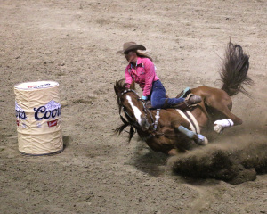 Ann Scott of Canyon Country, Ca has some bad luck as her horse lost its footing and went down aroud the second barrel at the 2015 Sherriff’s stampede rodeo on Friday May 1, at the Kern County Fairgrounds.  The arena was deemed unsafe and she was granted another run on Saturday of the Rodeo.
