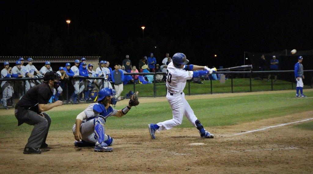 Senior Garrett Pierce hits the ball in the eighth inning against UC Santa Barbara at Hardt Field on May 12. Pierce's hit gave CSUB a 7-6 lead heading into the ninth.
Photo by Marisel Maldonado/The Runner