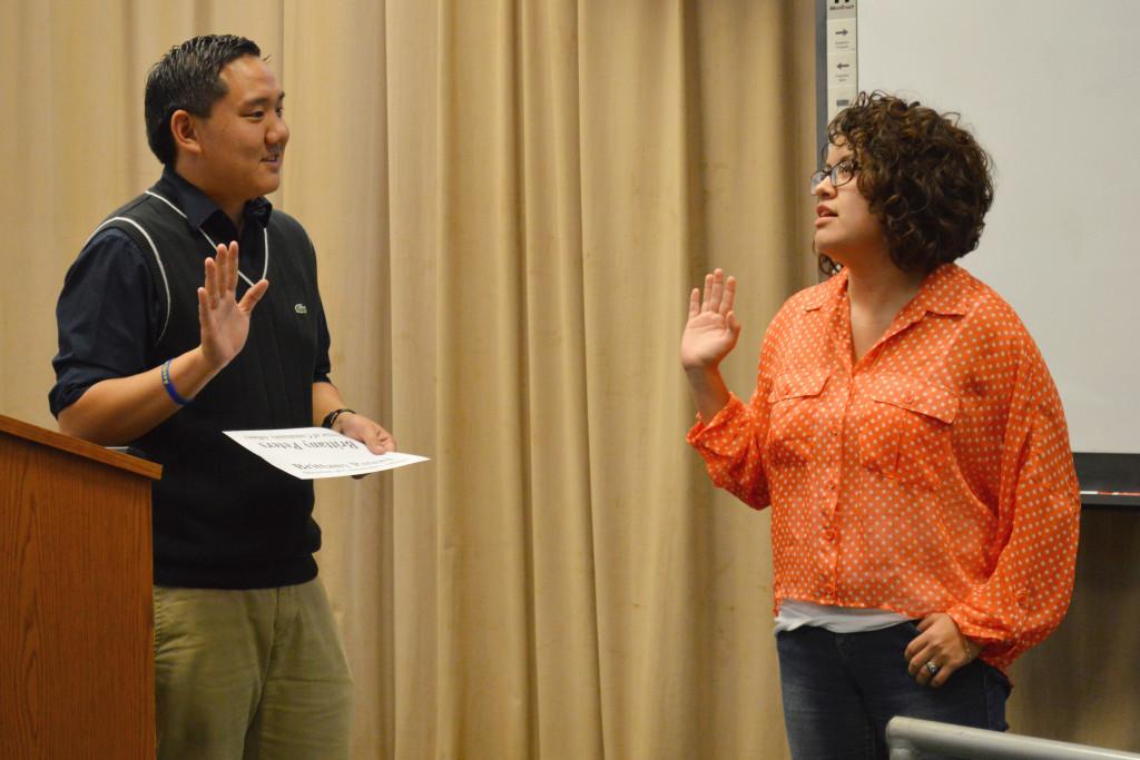 ASI President Mike Kwon swore in new member Brittany Perez into ASI during  their meeting on Sept. 25 at CSUB. 
Photo by Marisel Maldonado/The Runner