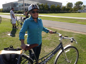 A CSUB students tries out the new bike share program, Runner Ride, on Sept. 16. Photo by Julie Perez/The Runner