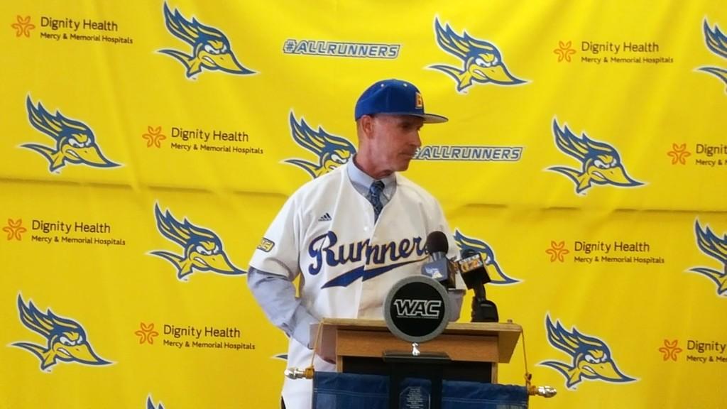 CSUB's new head baseball coach Bob Macaluso talks about what it means to him to get the position at the Icardo Room on Aug. 31.
Photo from gorunners.com. 