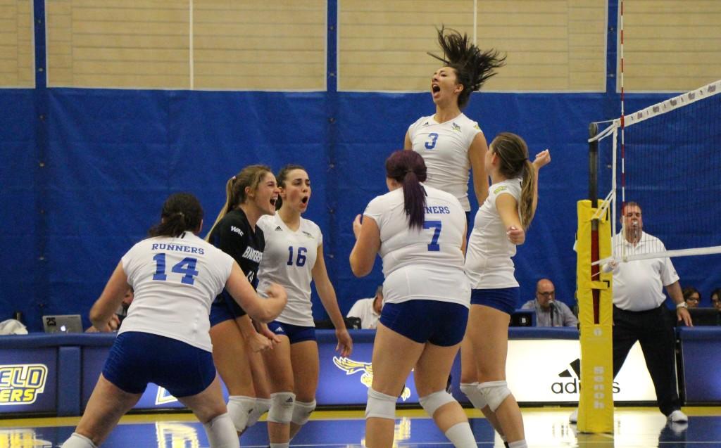 The CSUB volleyball team celebrates after scoring a point against Seattle University on Thursday in the Icardo Center.