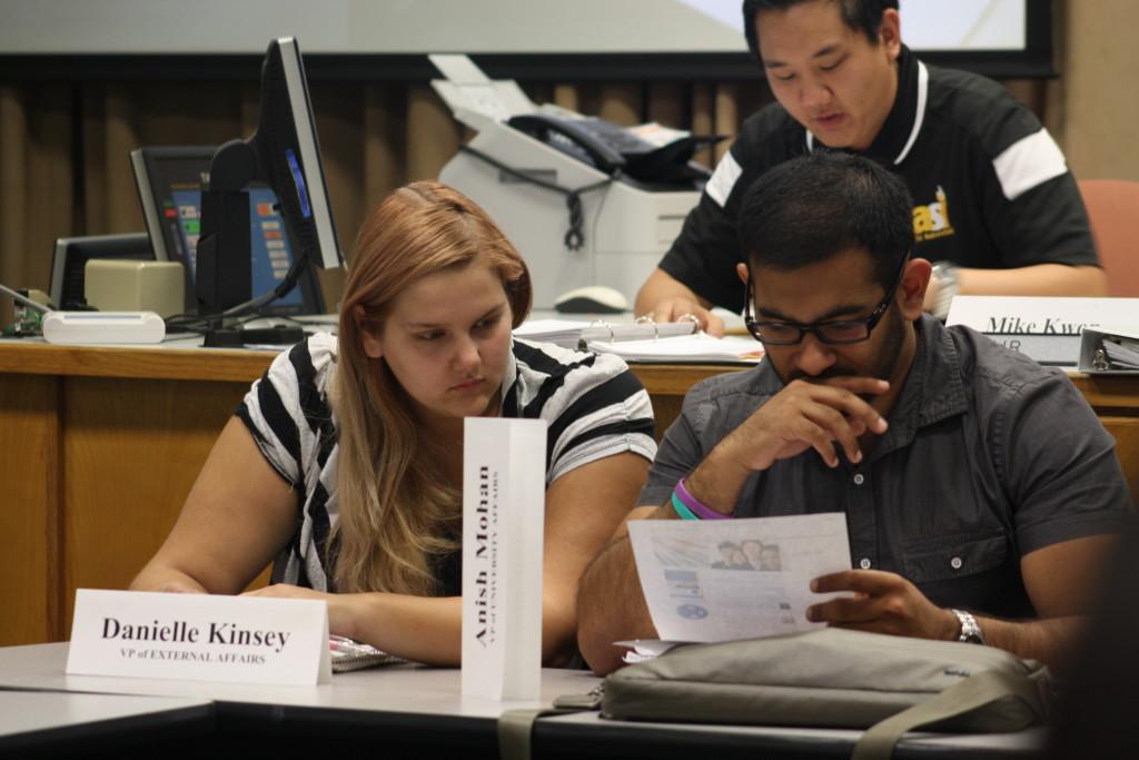 ASI board members Danielle Kinsey and Anish Mohan analyze a document during the ASI meeting on Friday, Oct. 30.
Photo by Karina Diaz/The Runner