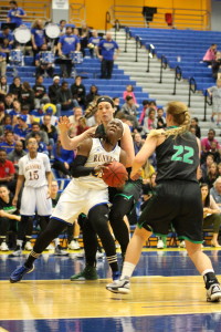 CSUB's senior forward Batabe Zempare attacks the Utah Valley defense on Saturday. Photo by Alejandra Flores/The Runner
