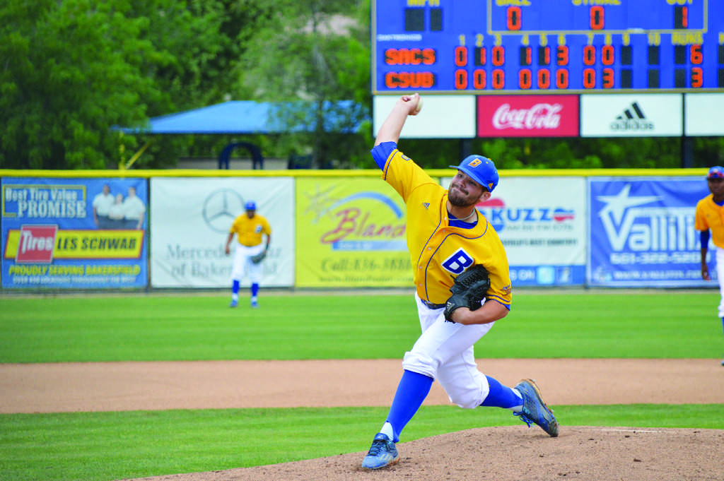 CSUB junior pitcher Max Carter winds up a pitch in the ninth inning against Sacramento State University in its 6-3 loss against the Hornets on April 10 at Hardt Field.