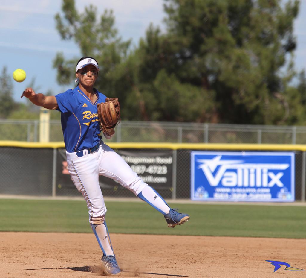 CSUB senior infielder Alex Simmons throws the ball to first base for an out against GCU.