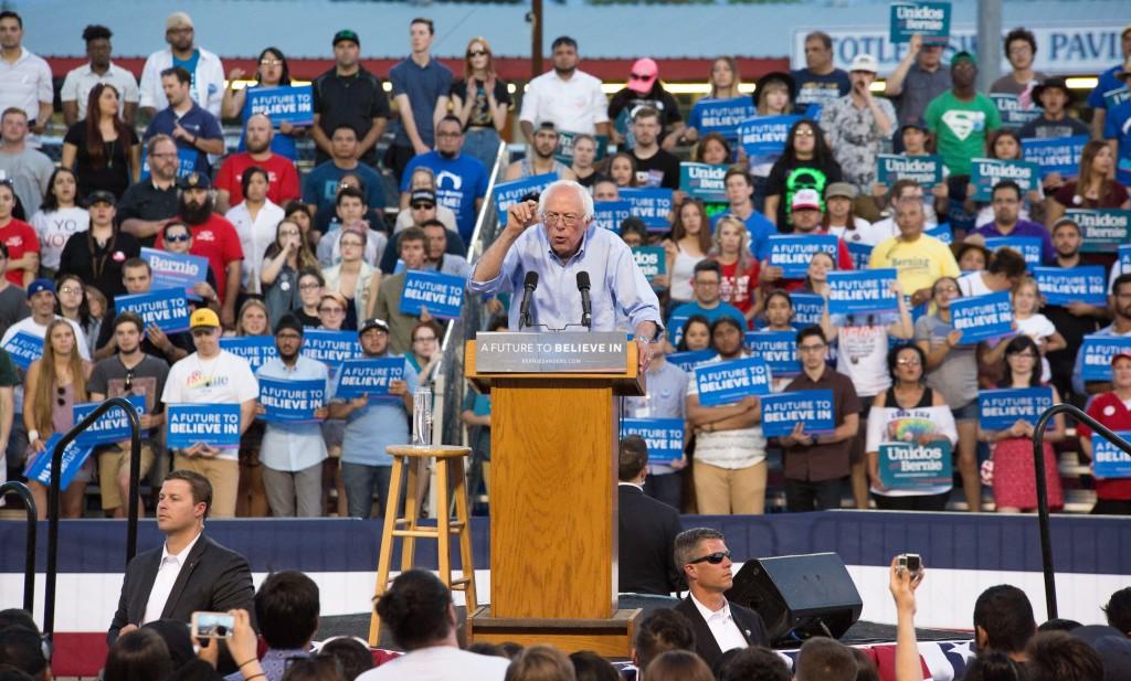 Democratic presidential candidate Bernie Sanders speaks to the community at the Kern County Fairgrounds on Saturday.
Photo by Ben Patton/The Runner