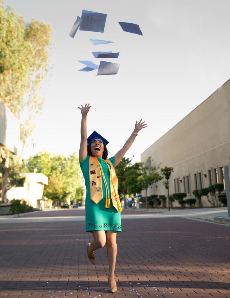 Liberal studies major Lupita Melendez celebrates her upcoming graduation from CSUB.
Photo by Alfred Ray Photography