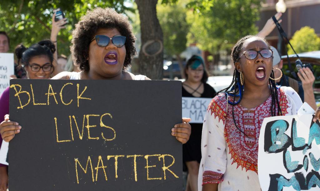 Participants of the Black Lives Matter peaceful protest march and chant in downtown Bakersfield on Saturday, July 9.
Photo by Ben Patton/The Runner