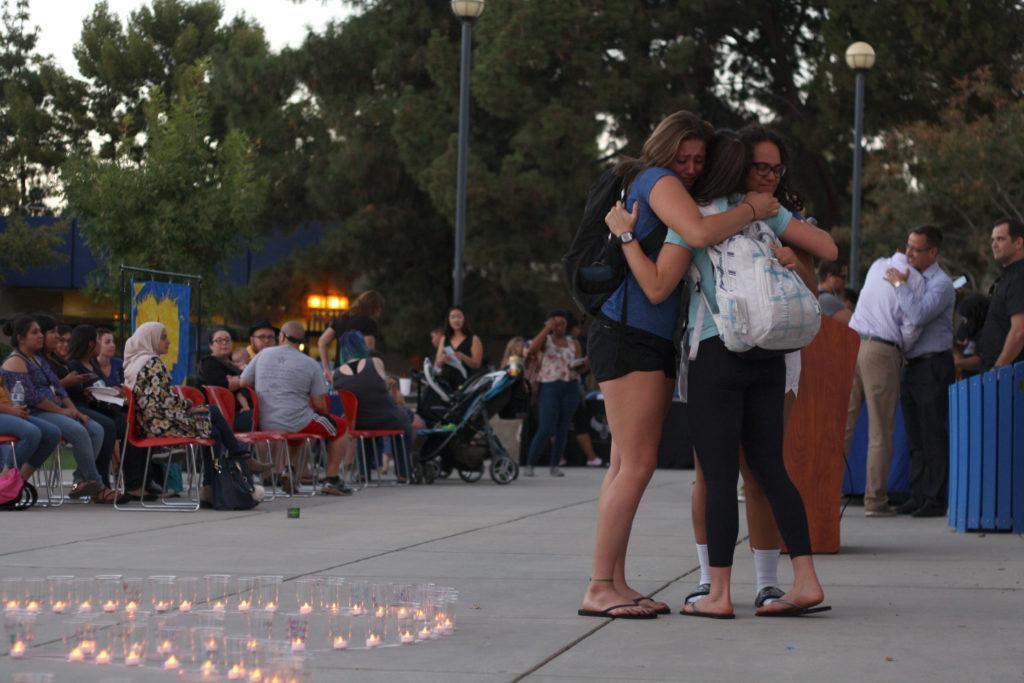 CSUB  volleyball team members gave each other support at the candlelight  event held by the counseling center at the Student Union Patio on Tuesday, Sept. 27.
Karina Diaz/ The Runner