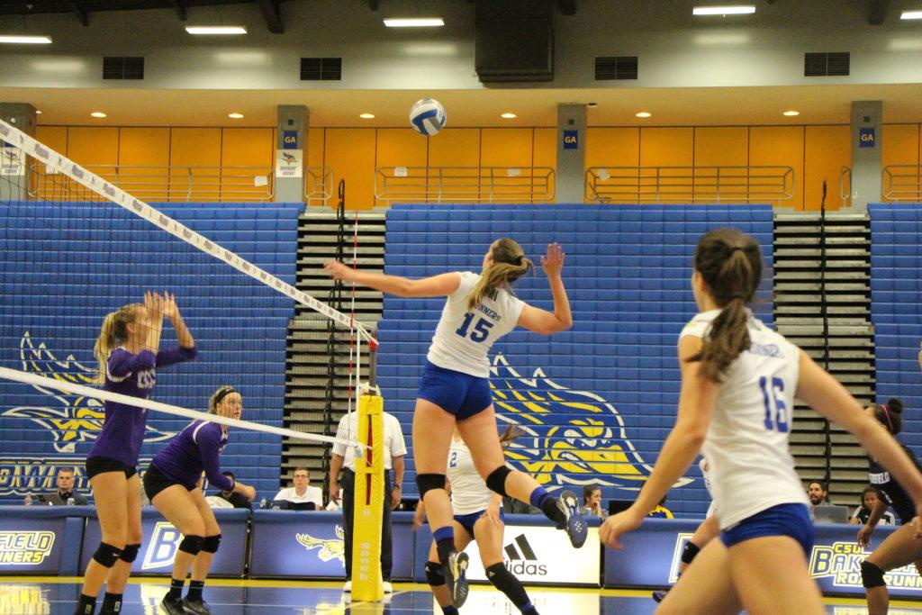 CSUB redshirt-sophomore middle hitter Marina Sanches prepares to spike the ball during the 2016 season against Grand Canyon University at the Icardo Center.
Photo by Allison Lechman/The Runner