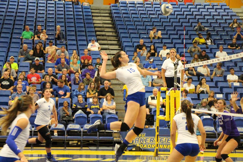 CSUB redshirt-sophomore middle hitter Miranda Sanches attempts a hit against Grand Canyon Friday, Sept. 23 in the Icardo Center.
Photo by Allison Lechman/The Runner