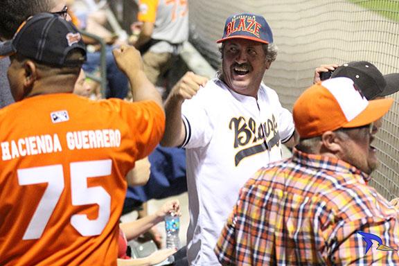 Bakersfield community member Sean Johnson celebrates with fellow Blaze fans on Monday, Sept. 12 at Sam Lynn Ballpark. 
Photo by Chris Mateo/The Runner