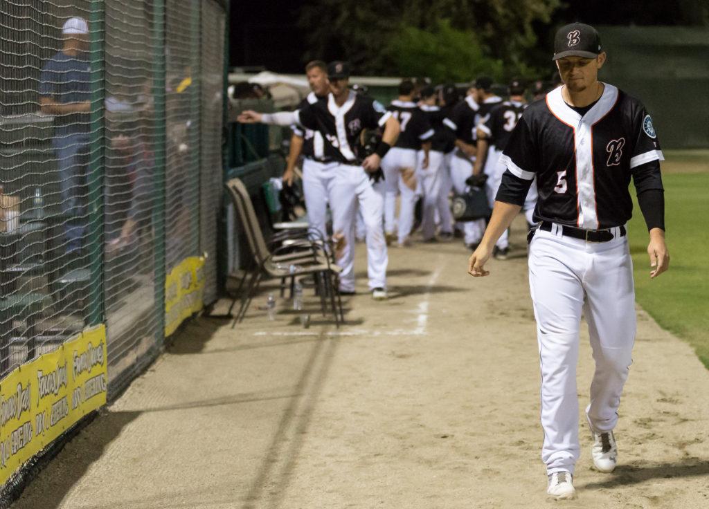 Designated hitter Justin Seager walks off the field for the final time as a member of the Bakersfield Blaze organization.
Photo by Ben Patton/The Runner