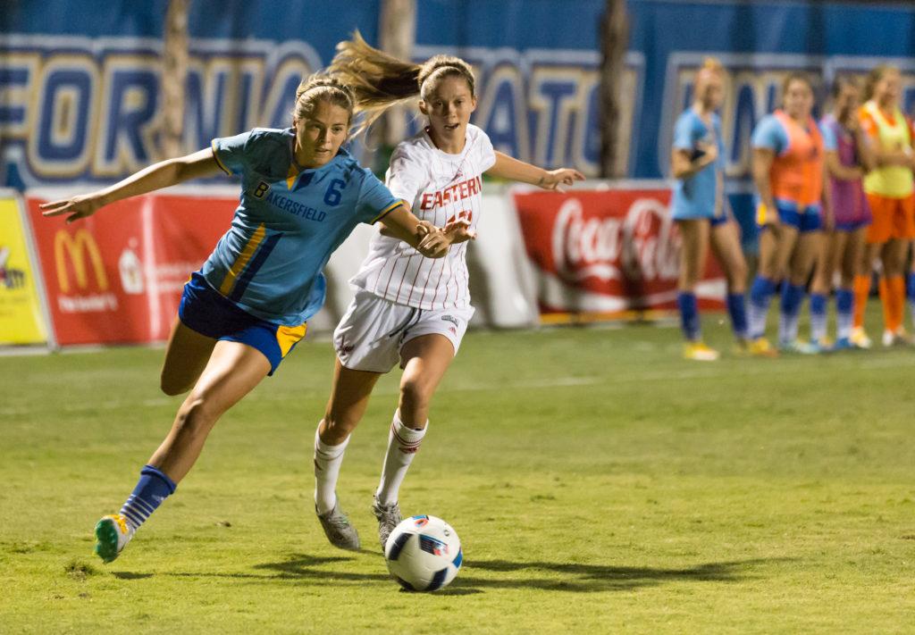 Sophie Freeman maneuvers around Eastern Washington’s Kiley Norkus during Friday night’s game at the CSUB main soccer field.
Ben Patton/ The Runner