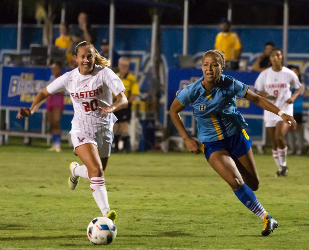 Kiana Hafferty and Bakersfield’s Aminah Settles battle for the ball in the first half of Friday’s game at the CSUB main soccer field. 
Ben Patton/ The Runner
