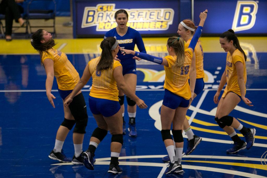 CSUB celebrates after scoring a point during a long rally against Norther Arizona.
AJ Alvarado/ The Runner