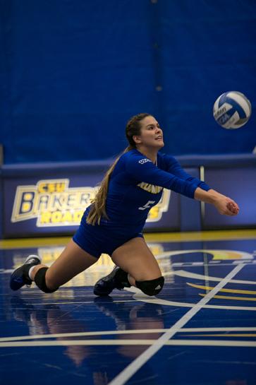 CSUB freshman libero Addy Peters dives for a ball against Northern Arizona Sept. 15 in the Icardo Center.
Photo by AJ Alvarado/The Runner