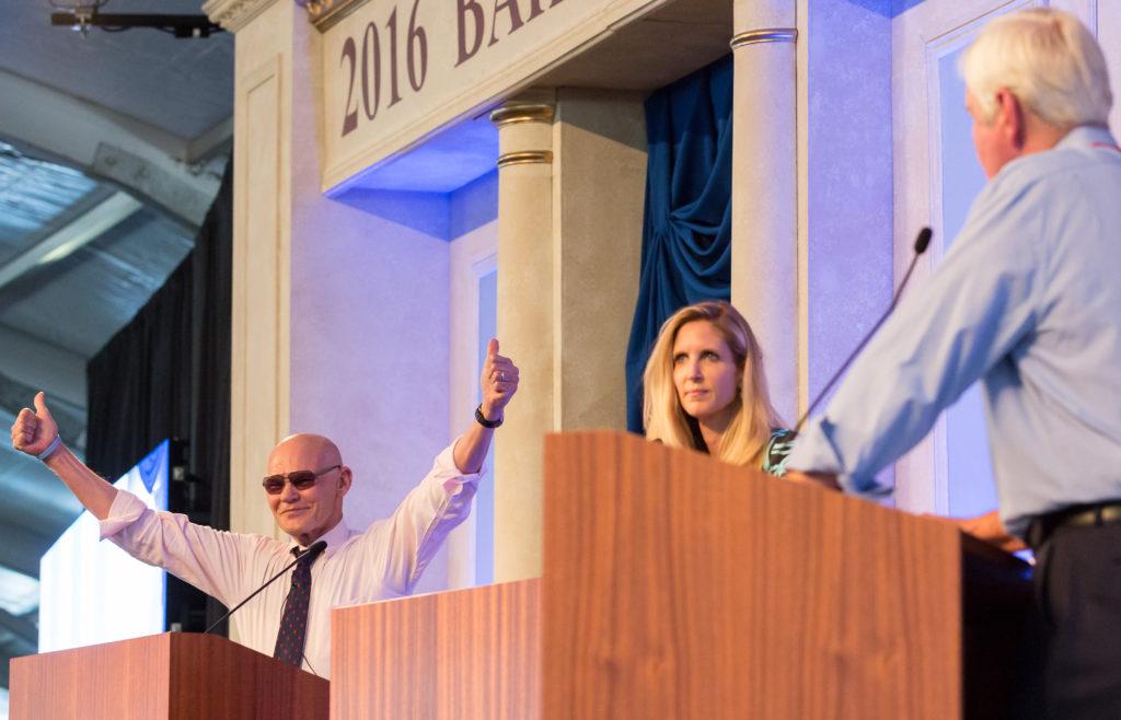 James Carville addresses the hostile Bakersfield Business crowd with thumbs and yells.
Ben Patton/ The Runner