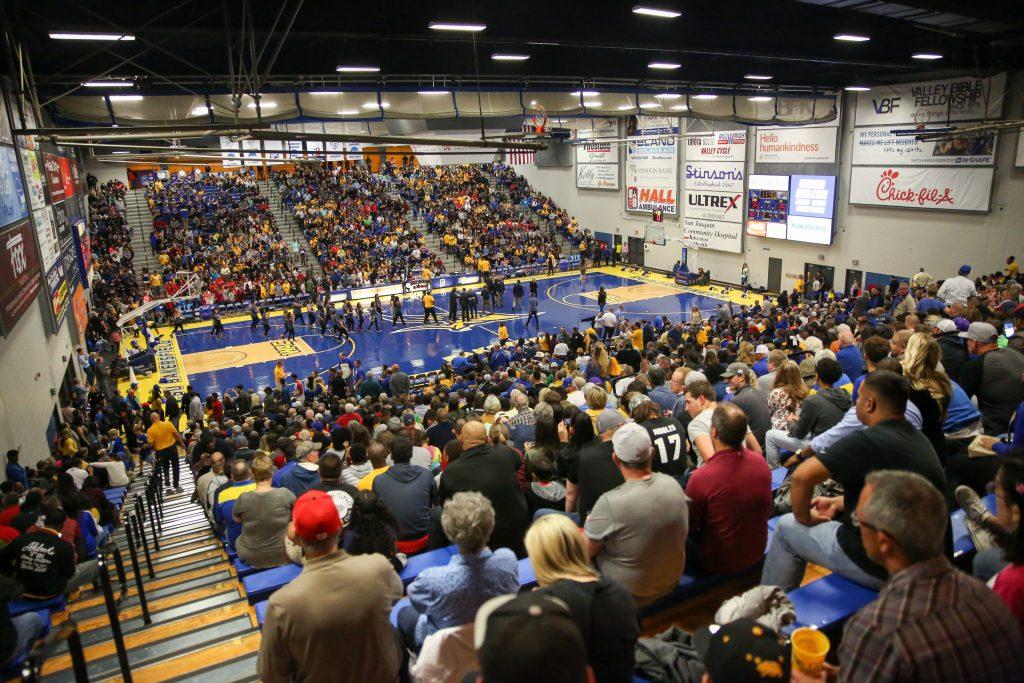The Icardo Center is known for its blue court, the only one in the NCAA. The court will receive an upgrade this spring.
Photo by AJ Alvarado/The Runner