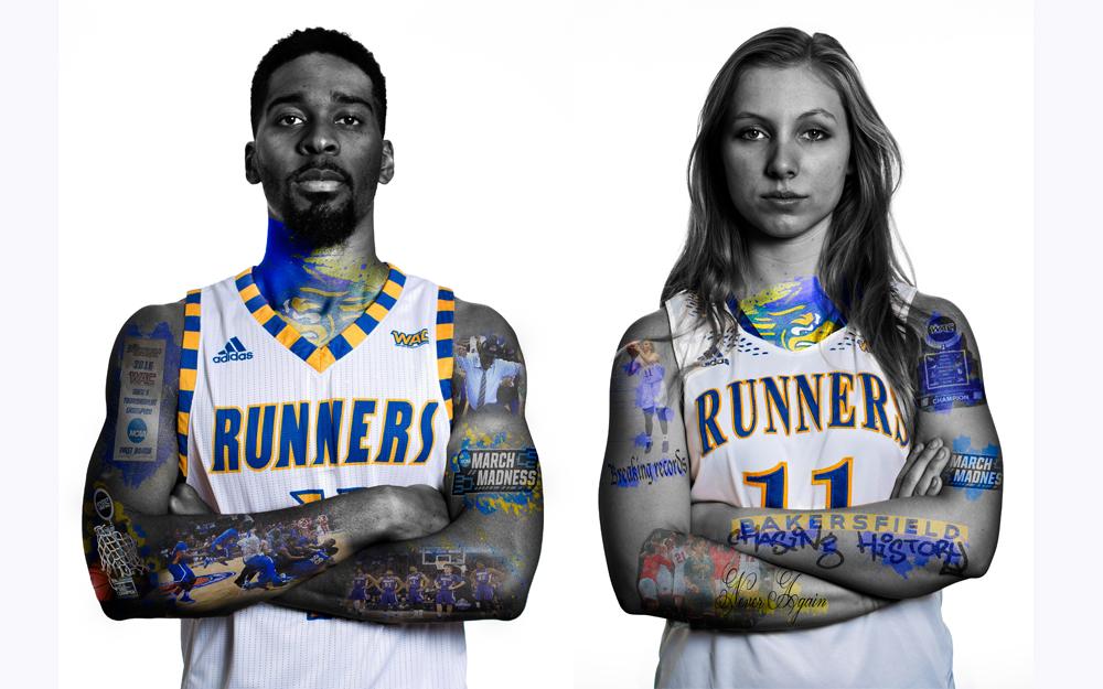 Photo illustration by AJ Alvarado. Models: CSUB redshirt-senior forward Jaylin Airington and sophomore guard Addi Walters. 
Photos from The Runner Archives. 