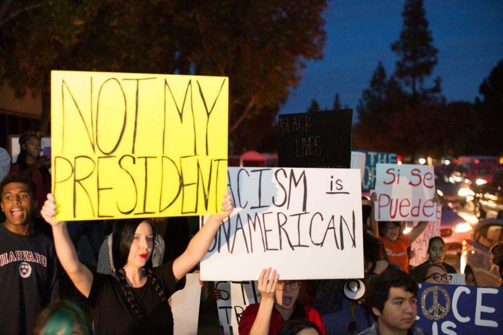 Over 100 protesters gather in southwest Bakersfield to voice their displeasure over this year's election.
Photo by AJ Alvarado/The Runner