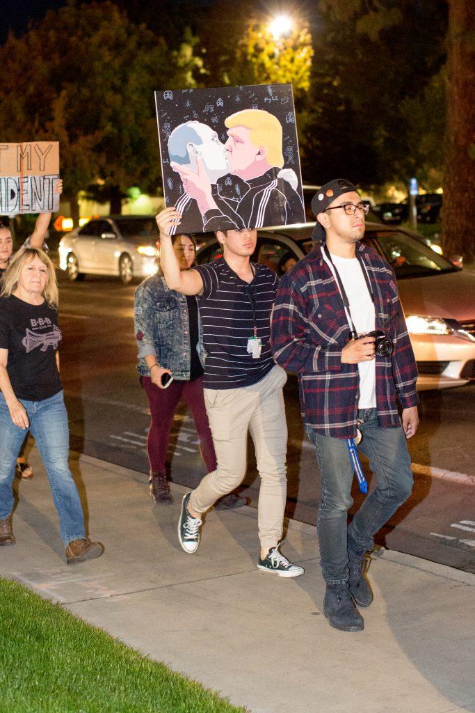 Protesters chanted "not my president" and "love trumps hate" at the protest in southwest Bakersfield Friday, Nov. 11.
Photo by AJ Alvarado/The Runner