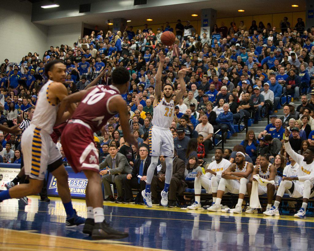 Redshirt-sophomore Damiyne Durham attempts a three-point shot against New Mexico State on Thursday, Feb. 9 in the Icardo Center.
Photo by AJ Alvarado/The Runner