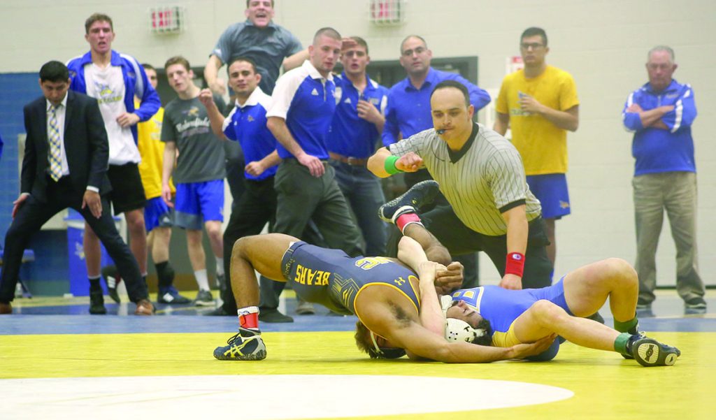CSUB's Sean Nickell takes down his opponent during a match against Northern Colorado in the Icardo Center on Friday, Feb.3.
Photo by Karina Diaz/The Runner